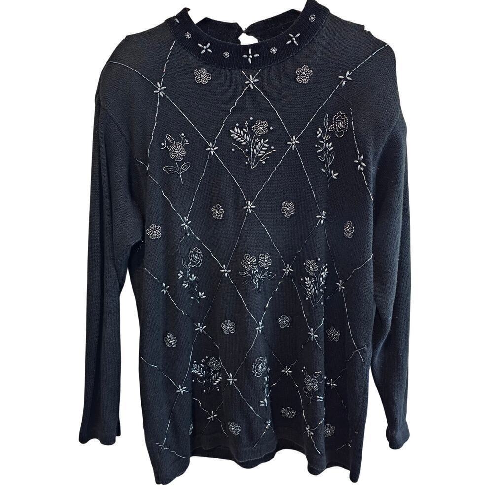 Vintage Victoria Jones Sweater Womens Large Black 90s Floral Beaded Glam Knit